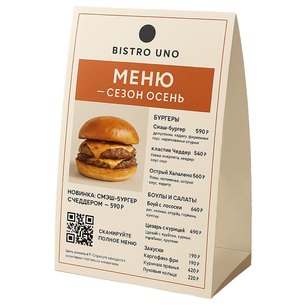 Тейбл-тент «Бистро» Тейбл-тент Bistro Uno A-образной формы из картона для кафе и ресторанов