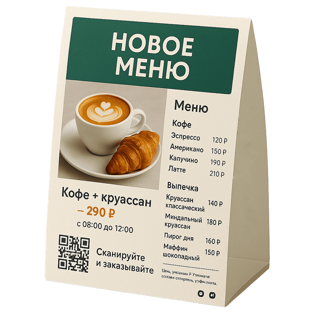 Тейбл-тент «Завтрак» Тейбл-тент Breakfast с меню завтраков и QR-кодом для кафе