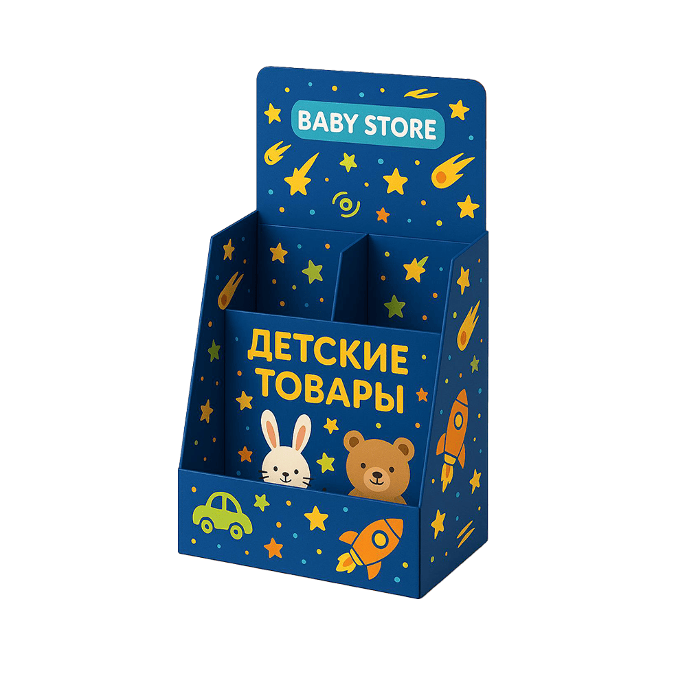 Диспенсер «Бейби стор» Картонный диспенсер «Baby store» для буклетов с офсетной печатью и отделкой