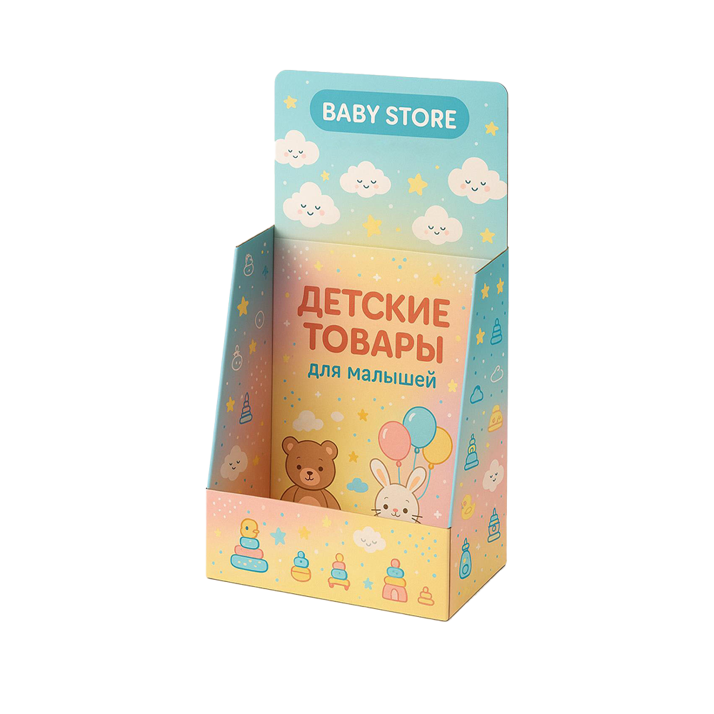 Диспенсер «Товары для малышей» Картонный диспенсер «Товары для малышей» для раздачи буклетов с офсетной печатью