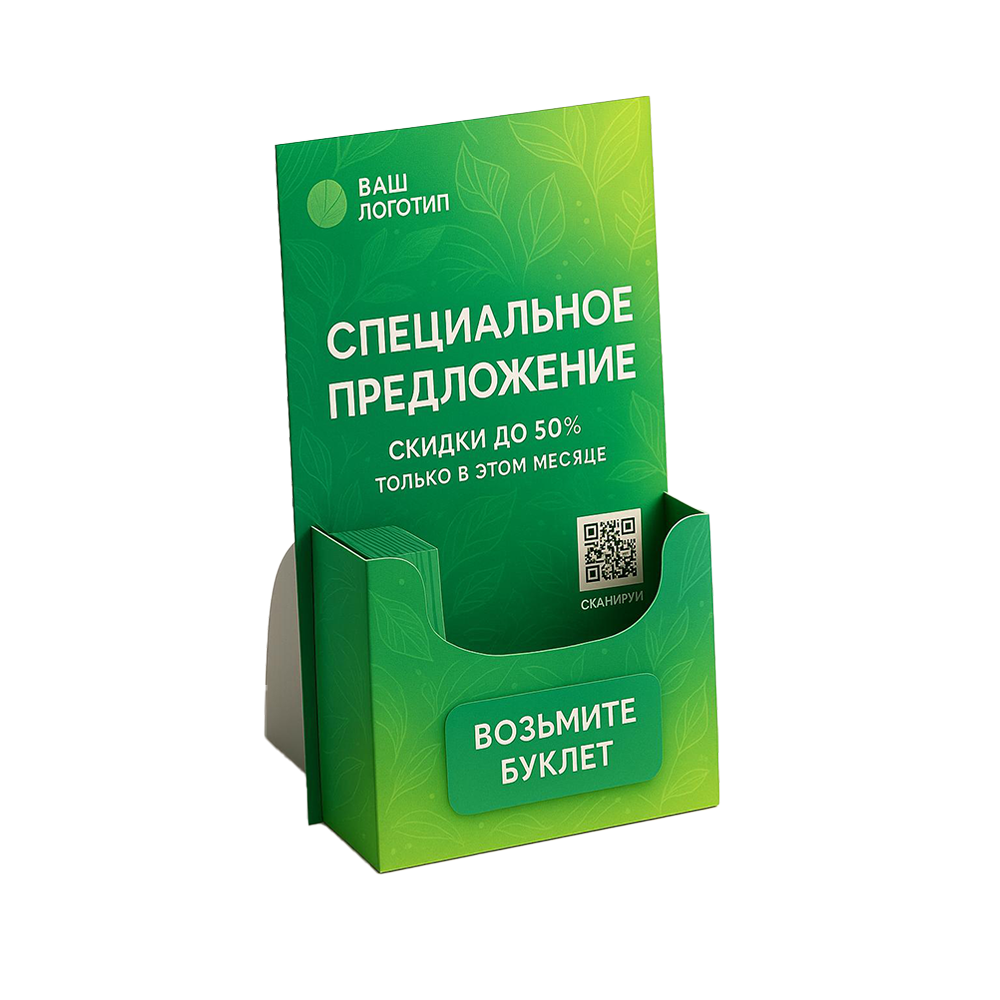 Диспенсер «Ваш логотип» Картонный диспенсер «Ваш логотип» для раздачи буклетов с офсетной печатью